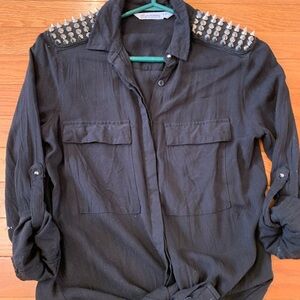 Black Studded Button-Up Shirt